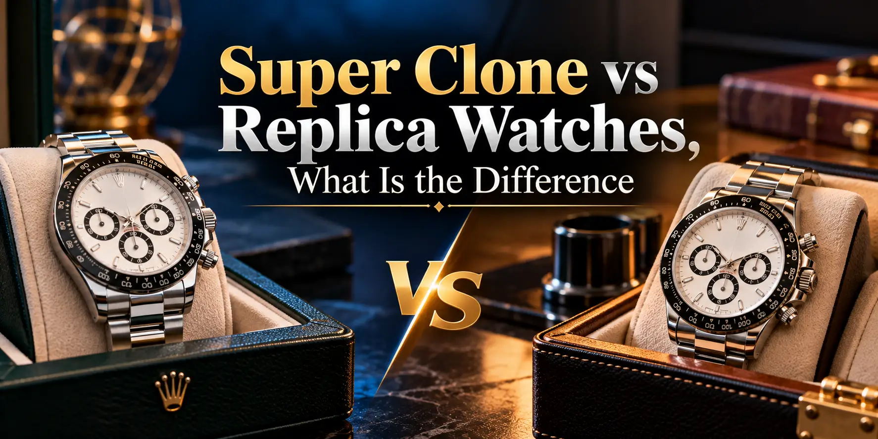 Two luxury watches in display cases on polished surface with warm lighting