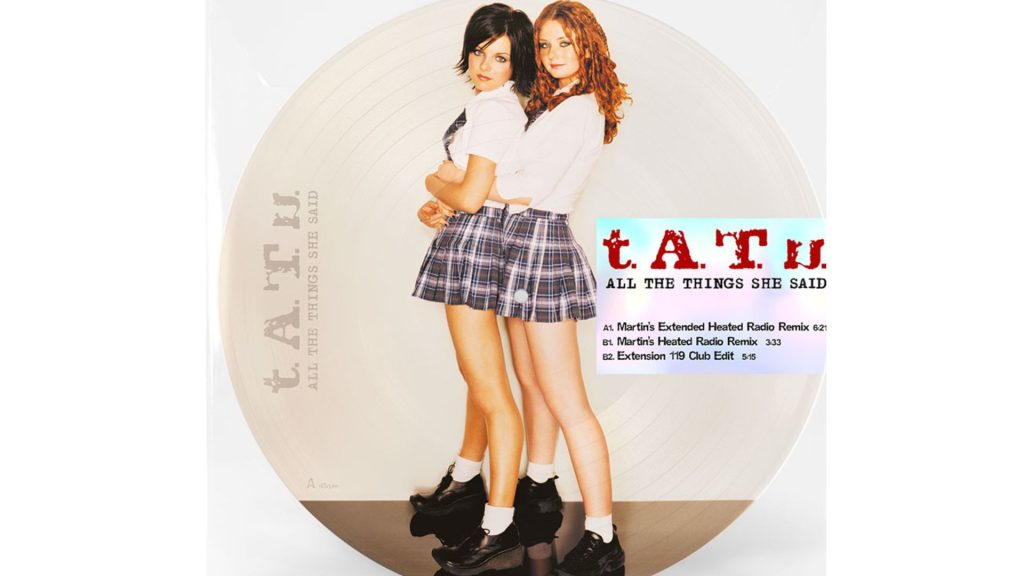 t.A.T.u. “All the Things She Said” single cover featuring the duo in school-style outfits.