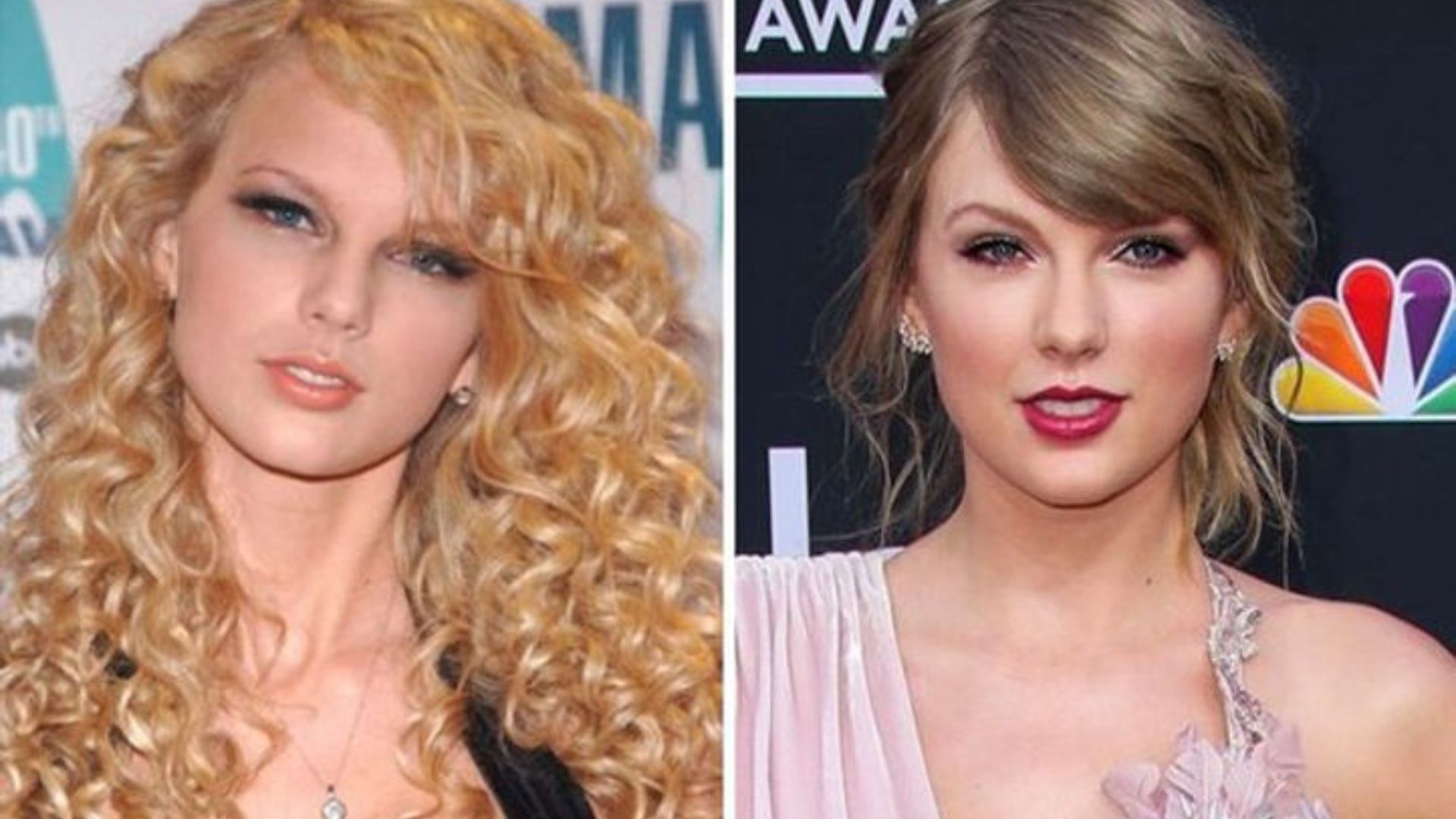 Taylor Swift career transformation photos showing changes in her fashion, beauty style, and appearance from her early years to later eras.
