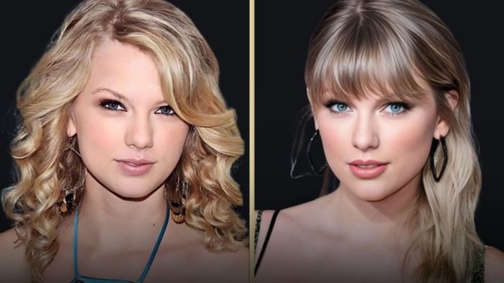 Taylor Swift plastic surgery comparison image shown with curled hair in one portrait and straight hair with bangs in another, highlighting changes in hairstyle and appearance.