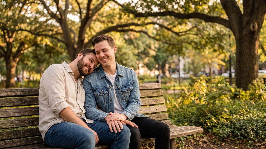 Two people sitting close on a park bench under leafy trees in warm afternoon light