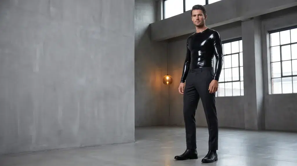 Man in black latex shirt and dark pants standing in industrial room with large windows