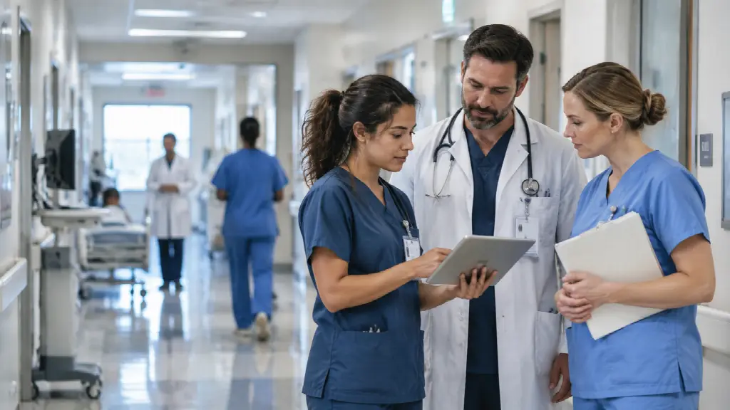 Medical team reviewing information on tablet in hospital corridor wearing scrubs and lab coats