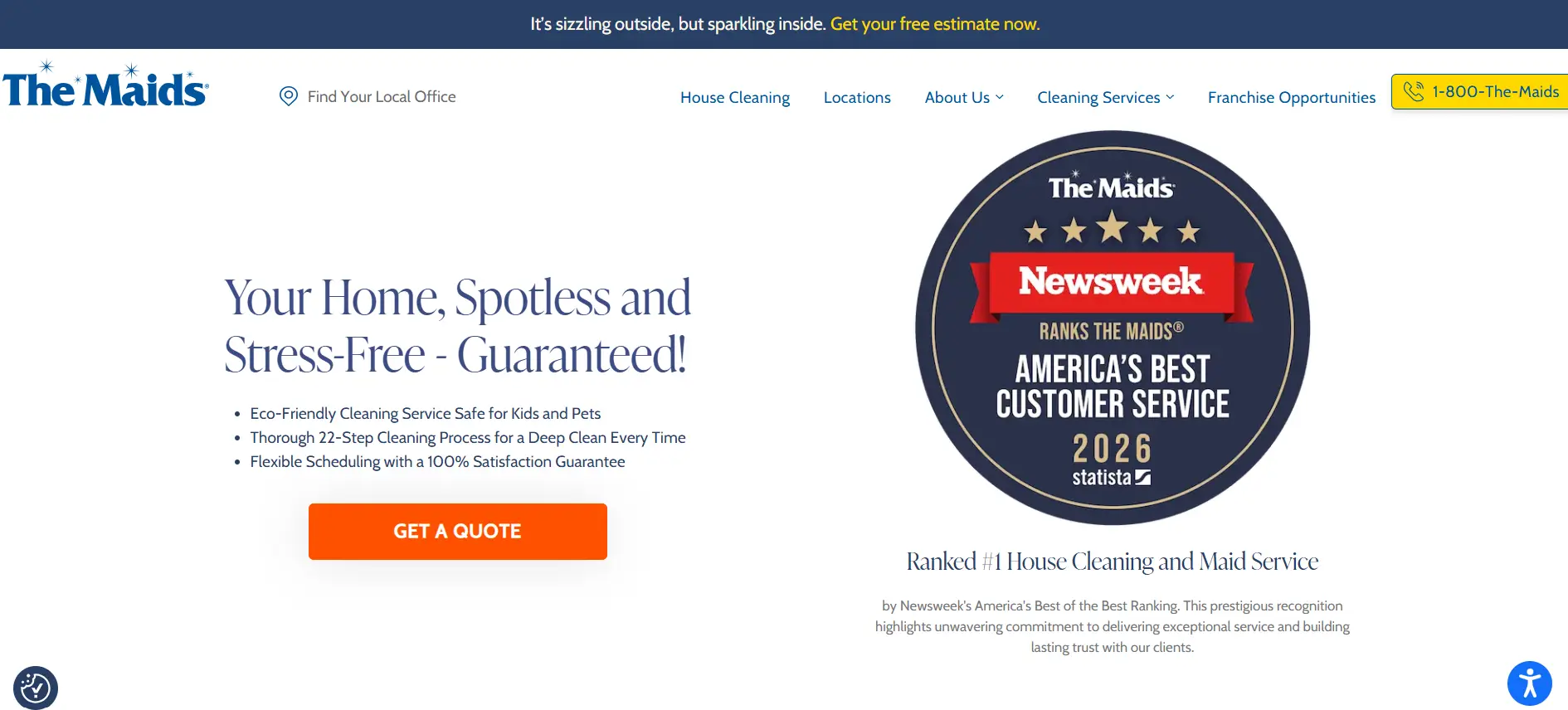 Home cleaning service promotion with award badge and call-to-action button on white background