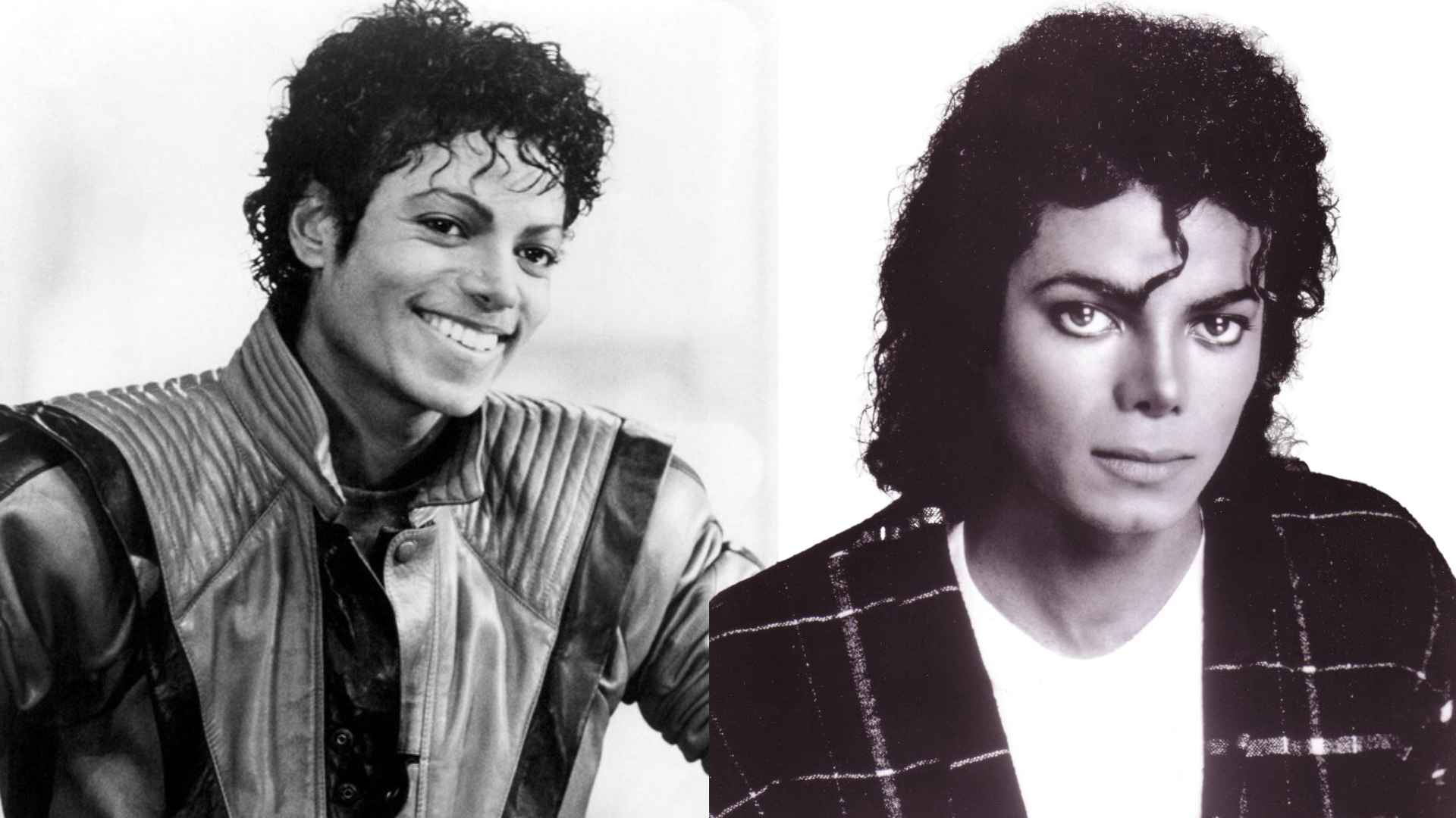 Black and white split portrait showing Michael Jackson in two different eras with curly hairstyles and iconic stage looks.