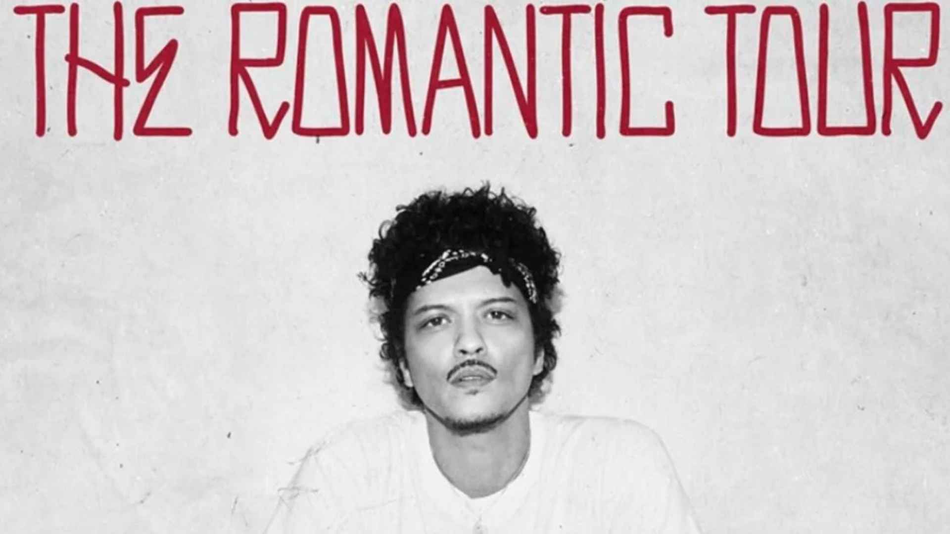 Bruno Mars The Romantic Tour poster featuring the singer in black and white portrait style