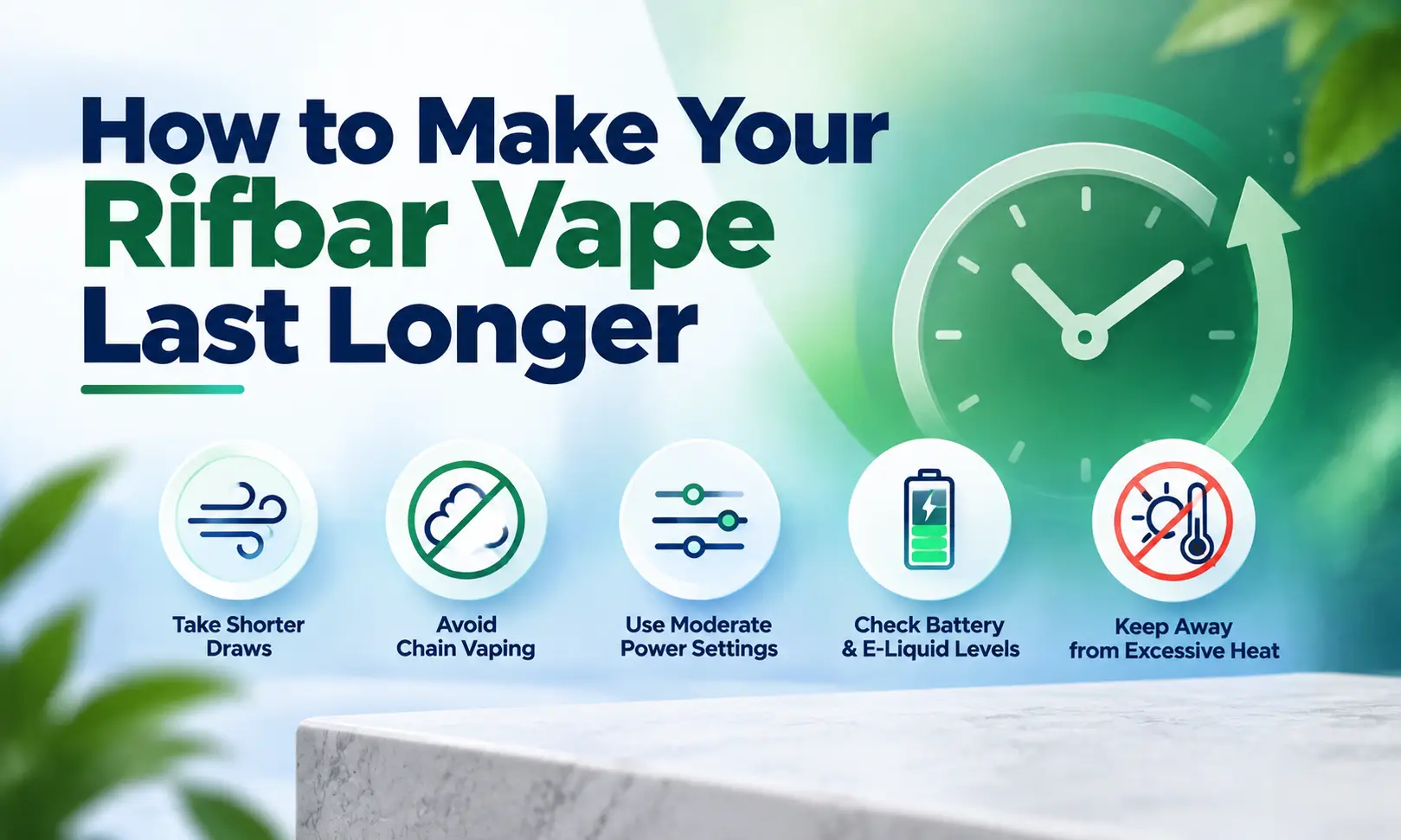 Clock graphic with tips for vaping over blurred green background and marble surface.