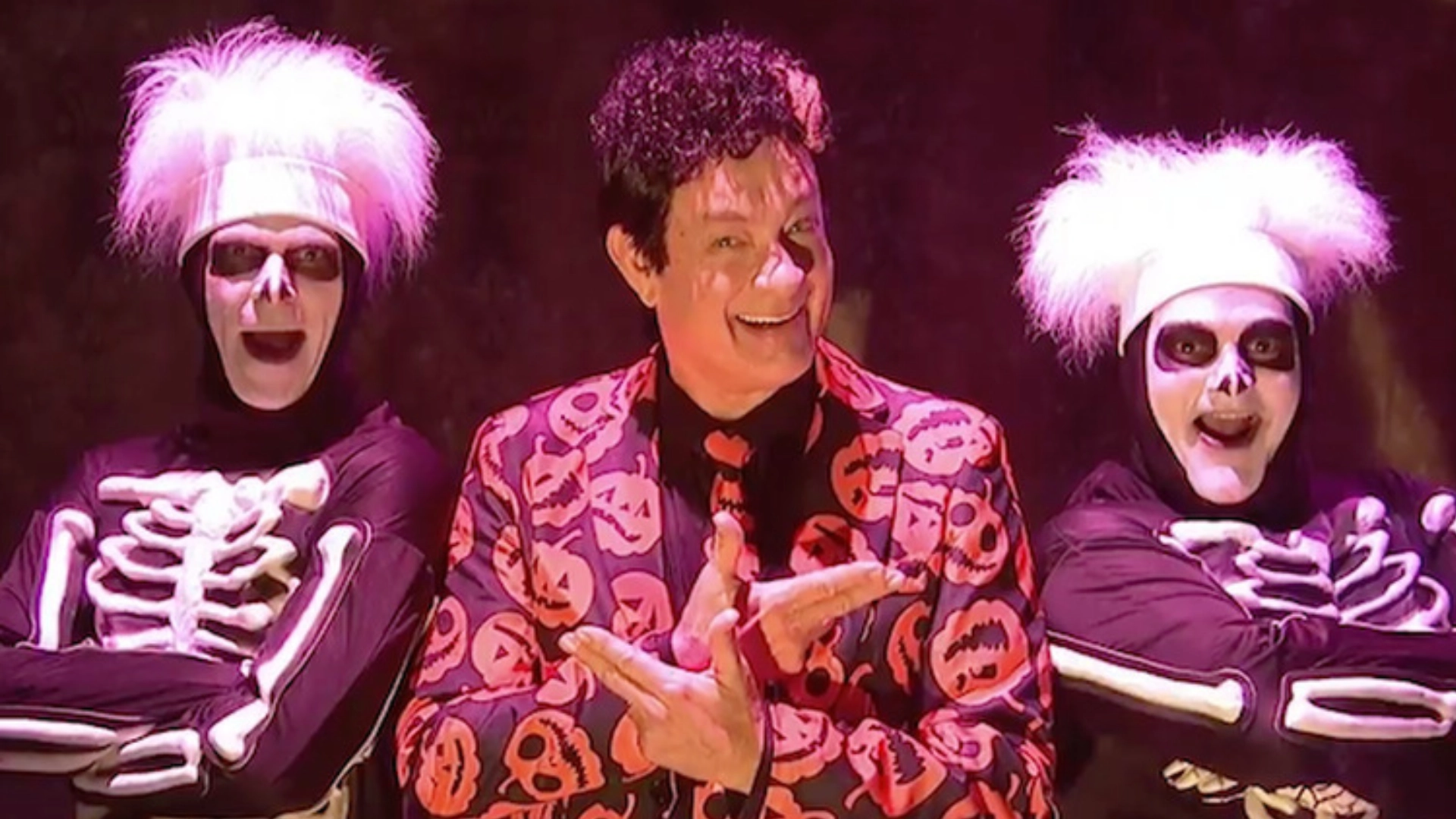 Tom Hanks as David S. Pumpkins with skeleton dancers on SNL
