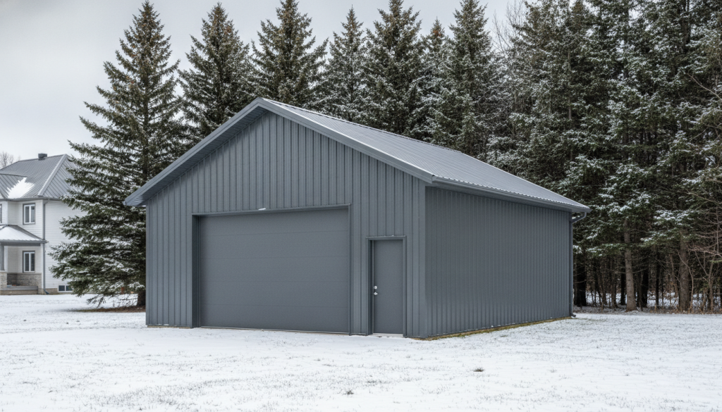 Gray metal shed in snowy yard with trees and a house in the background