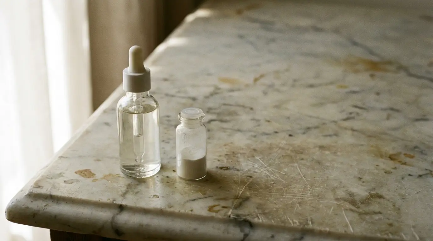 Clear dropper bottle and small powder vial on a marble countertop in natural light