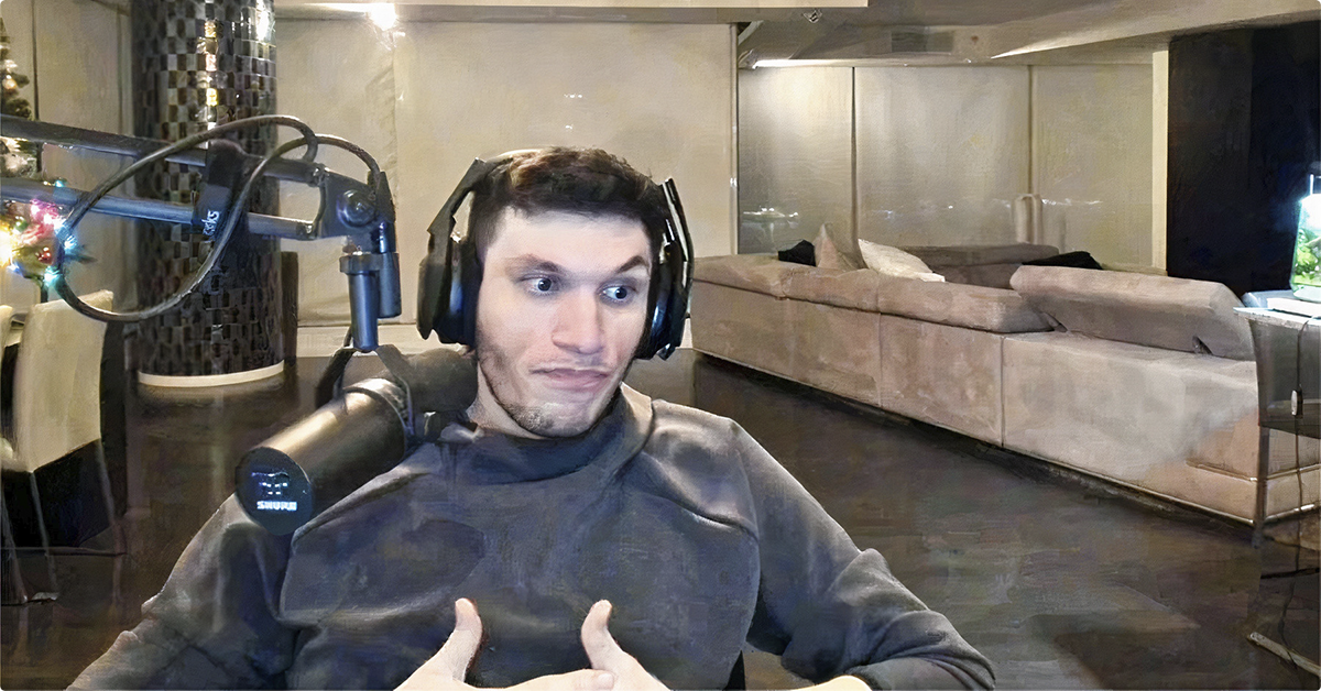 Man with headset in dimly lit modern living room near microphone setup