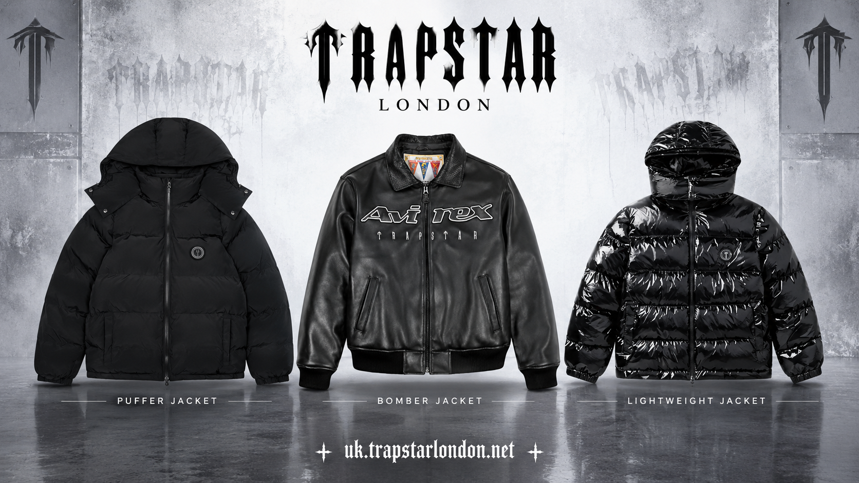 Three black jackets displayed in an industrial setting with concrete texture background
