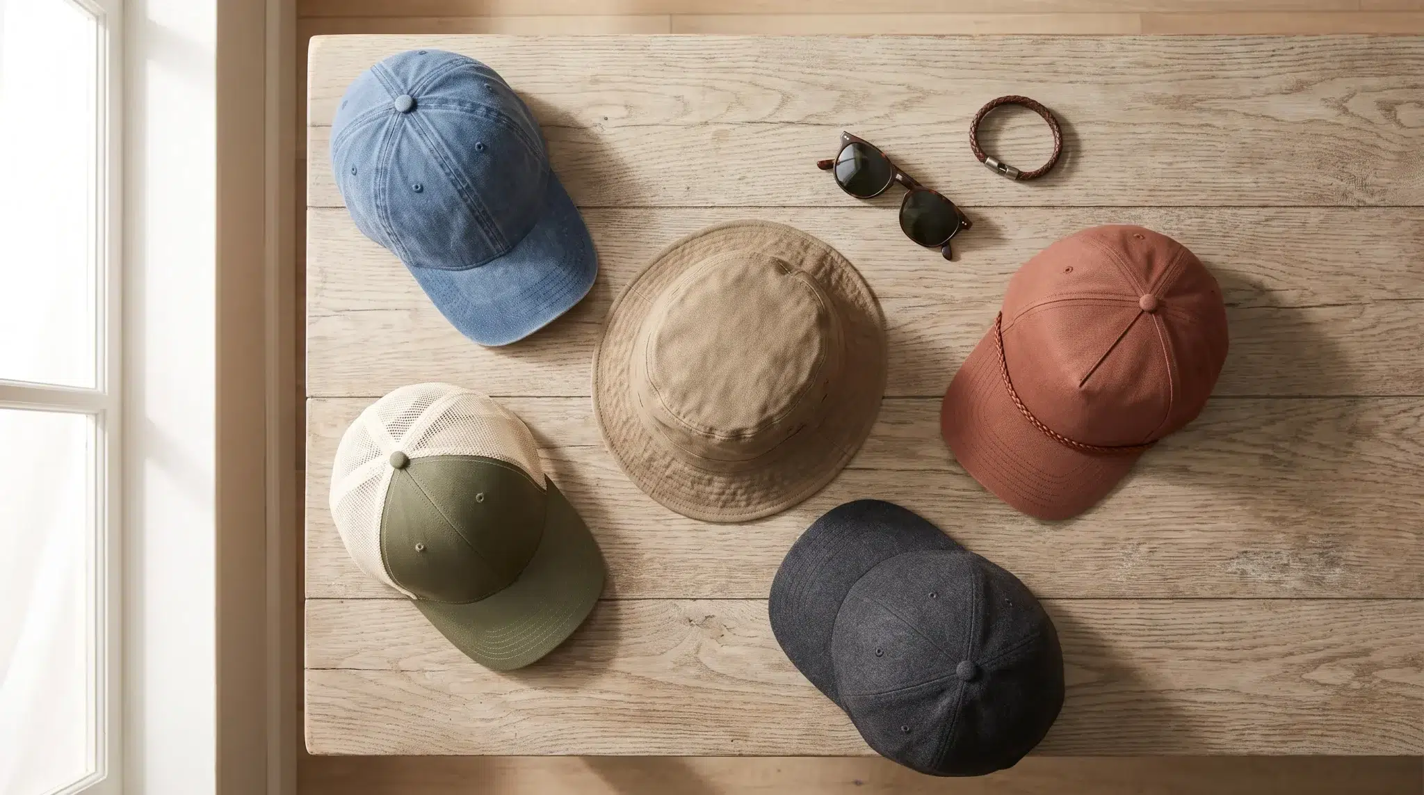 Five assorted caps and sunglasses on wooden table with natural light from window