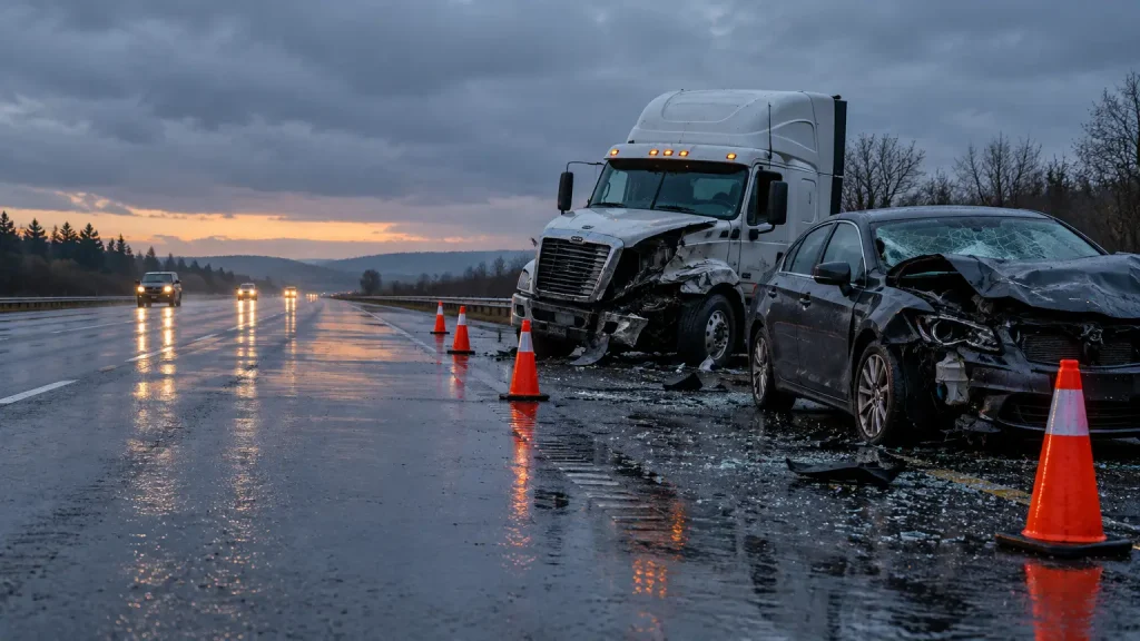 Damaged truck and car on wet highway at dusk with reflective traffic cones