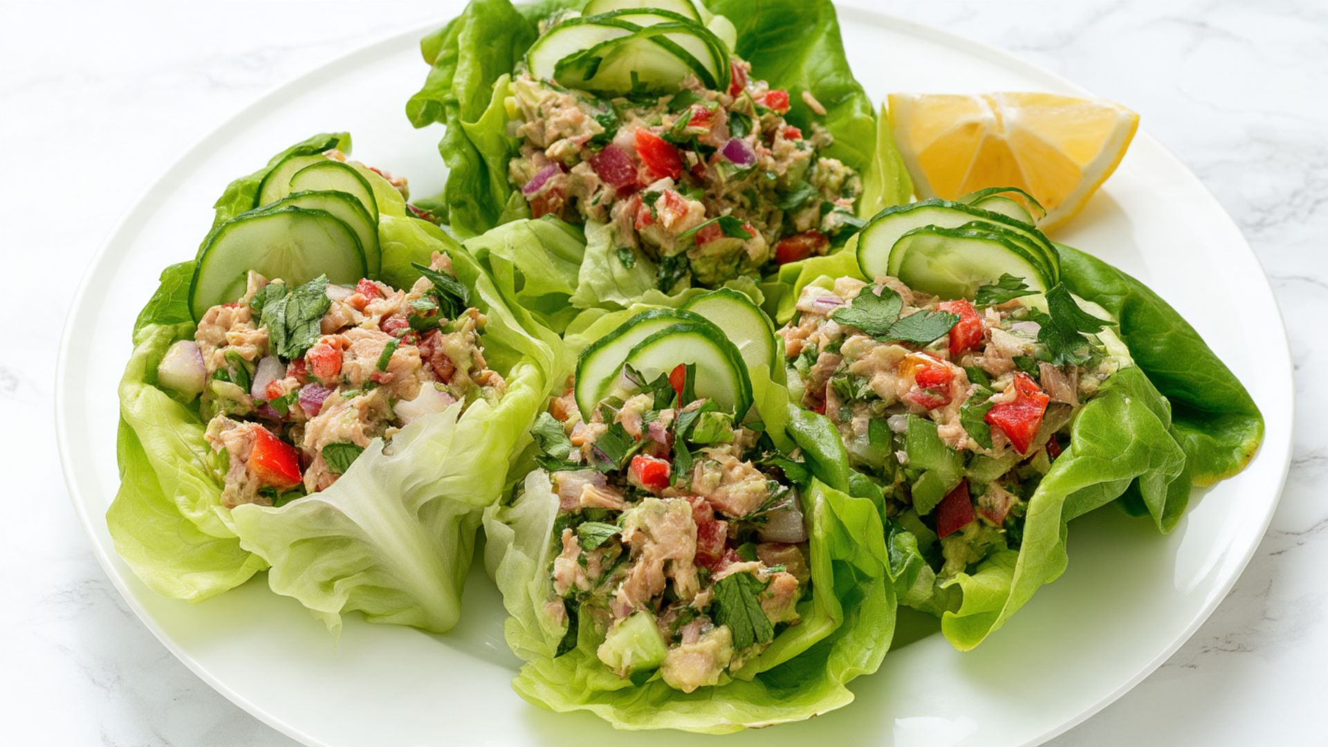 Crisp lettuce cups filled with tuna, avocado, celery and cucumber with fresh lemon on the side.