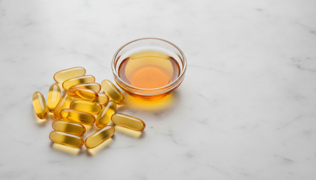 Golden softgel capsules and small glass bowl with oil on white marble surface