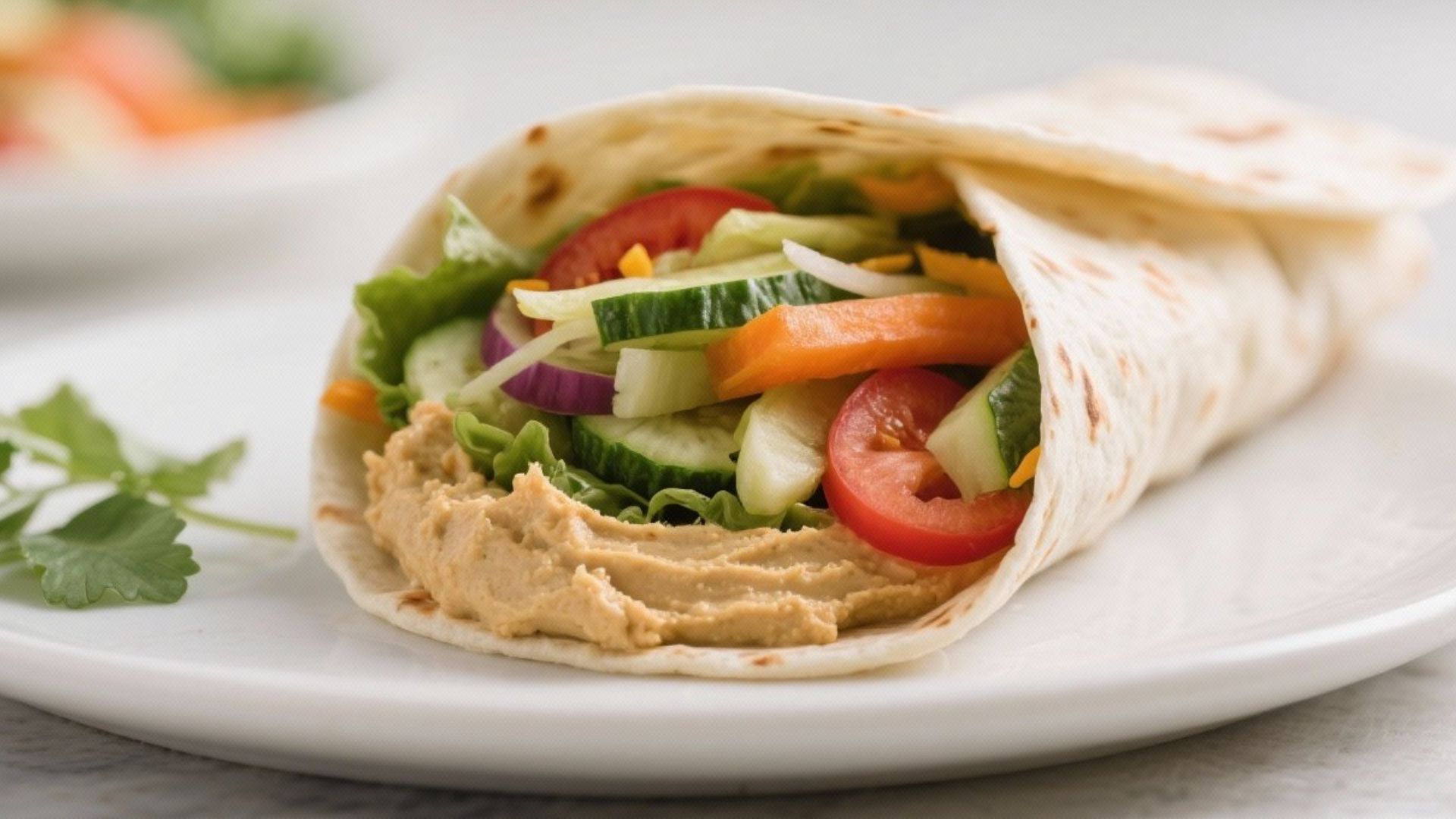 Veggie hummus wrap filled with cucumber, bell pepper, carrots, spinach and avocado on a plate.