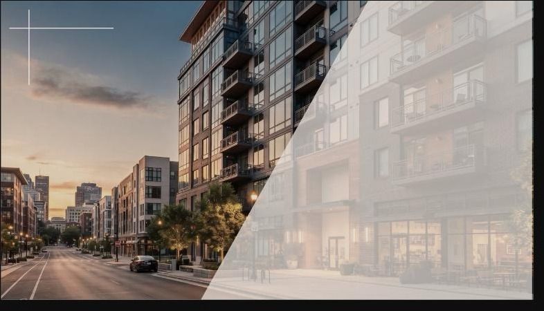 Modern apartment buildings on urban street at sunset with trees and parked cars