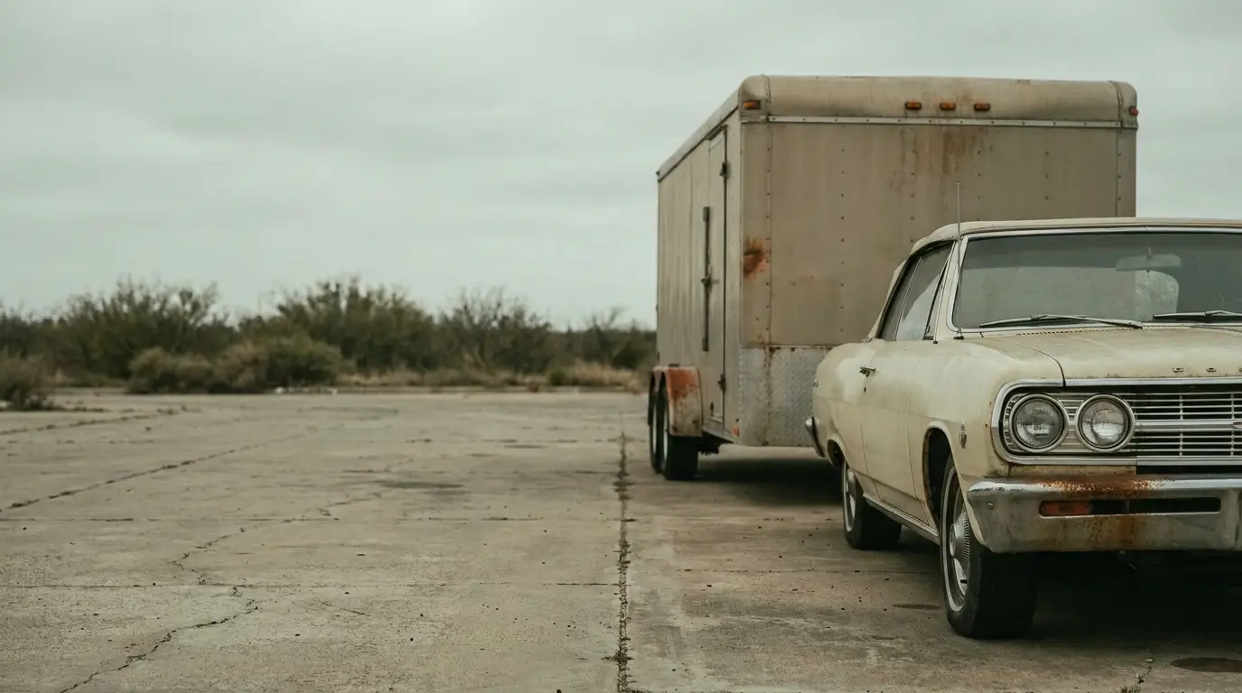 Old beige car with trailer parked on empty concrete lot under overcast sky