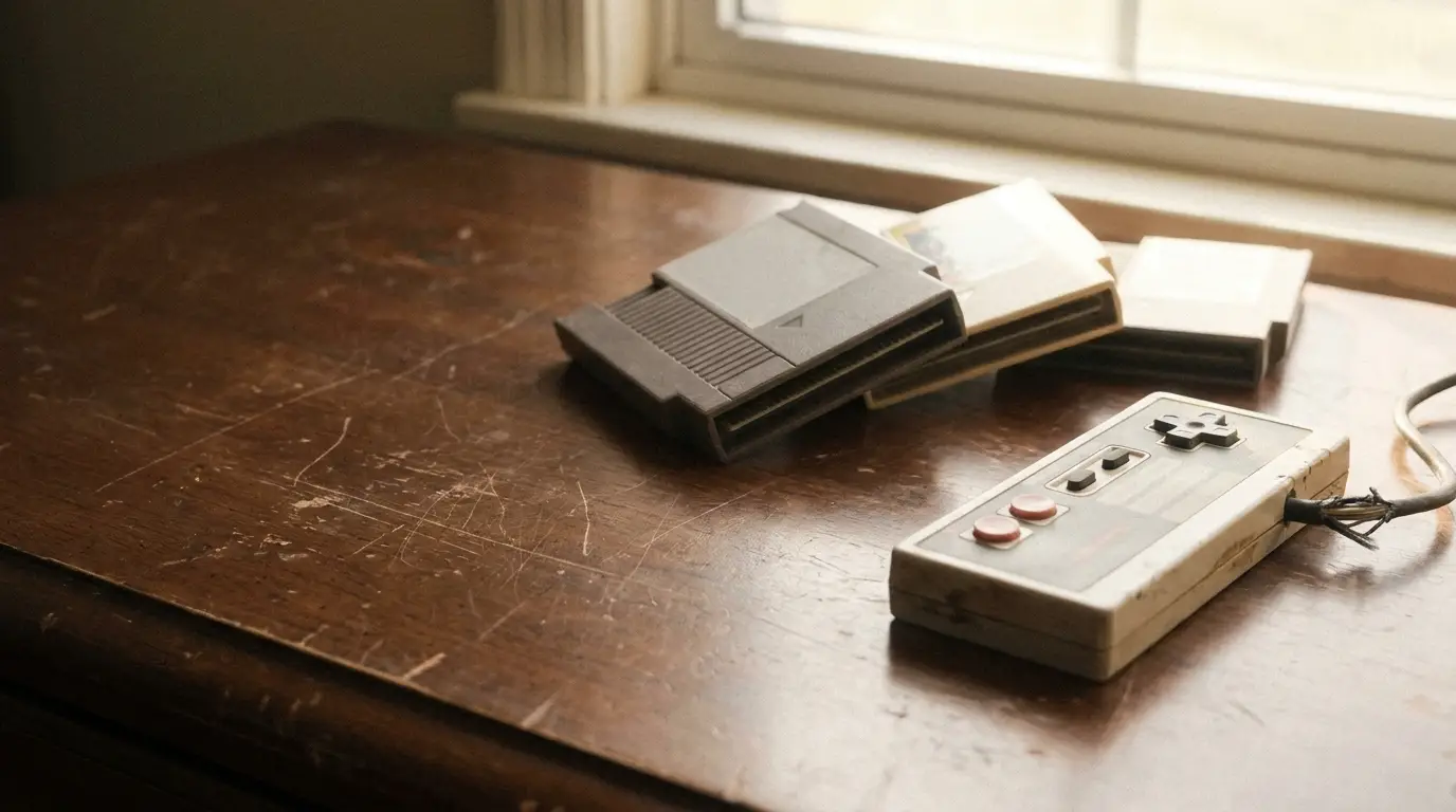 Retro video game controllers and cartridges on a scratched wooden desk near a window