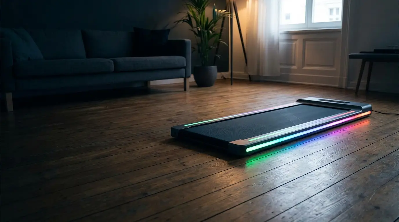 Sleek black treadmill with LED lights in a modern living room with wooden floors