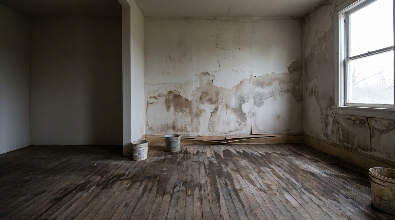 Empty room with peeling paint, wooden floors, and paint buckets by a window