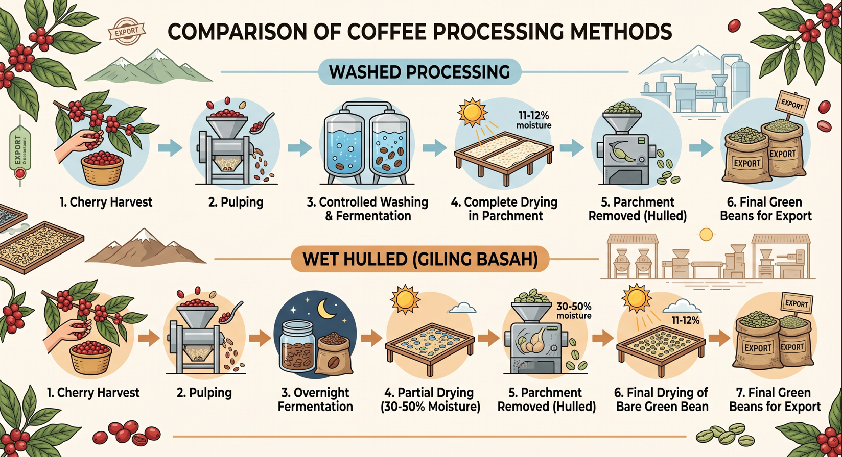 Infographic showing steps of washed and wet hulled coffee processing methods with illustrations