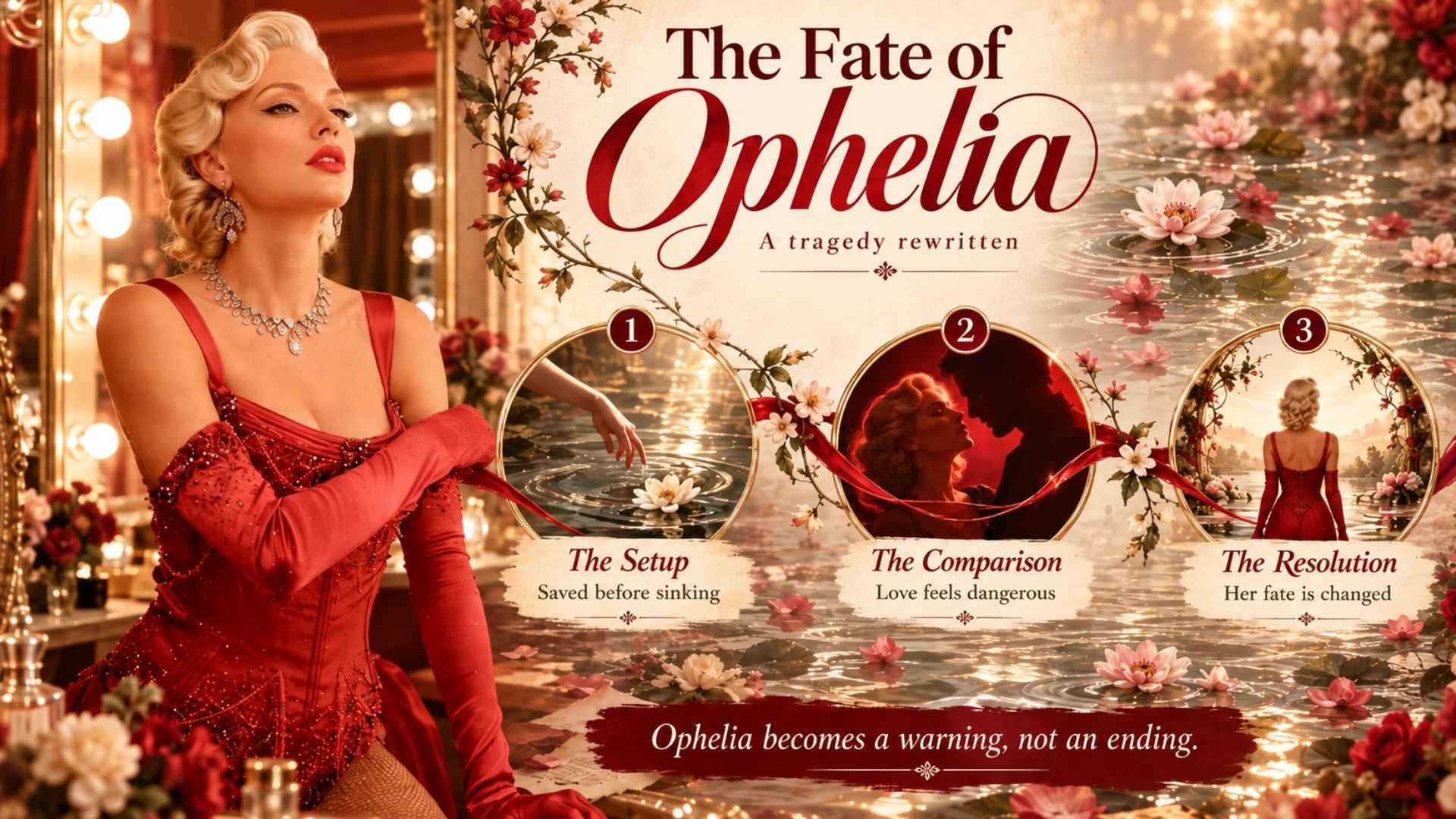 Taylor Swift in red beside three visual stages explaining the meaning of The Fate of Ophelia song.