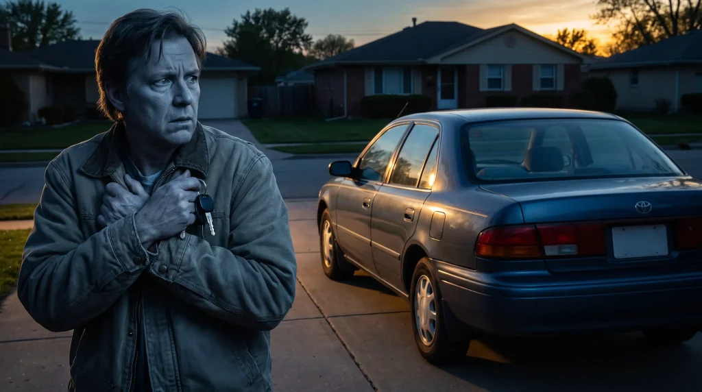 Man holding car keys standing in suburban driveway at dusk with parked car nearby