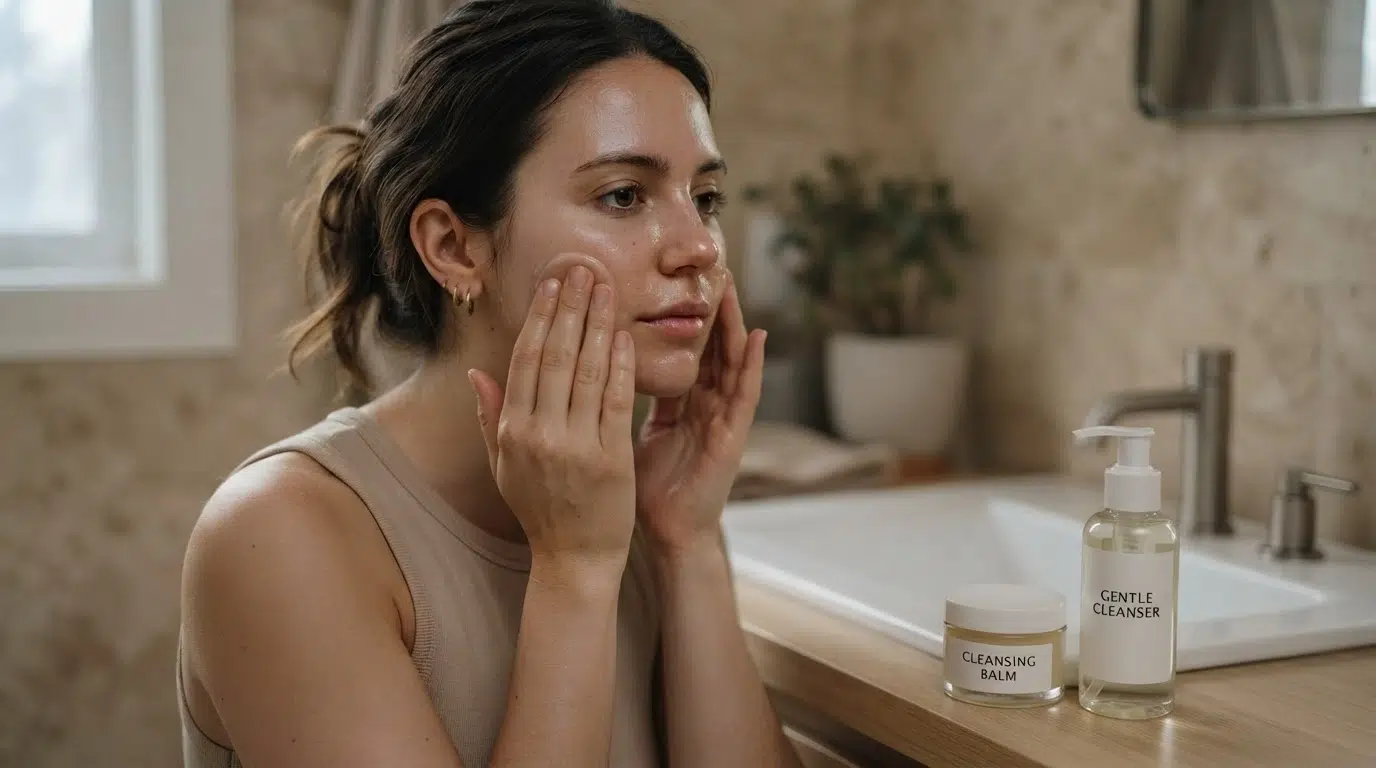 woman gently applying cleansing oil beside a clearly labeled bottle on bathroom vanity