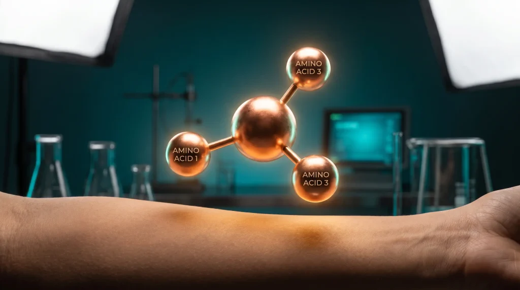 Glowing molecule model hovering above human arm in science lab with blue-green lighting
