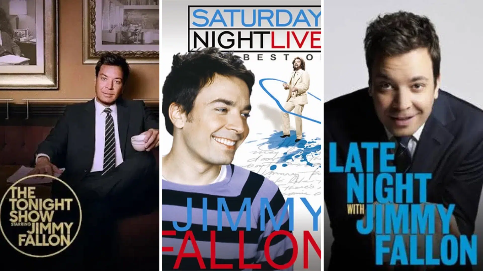 collage of jimmy fallon from saturday night live, late night with jimmy fallon, and the tonight show