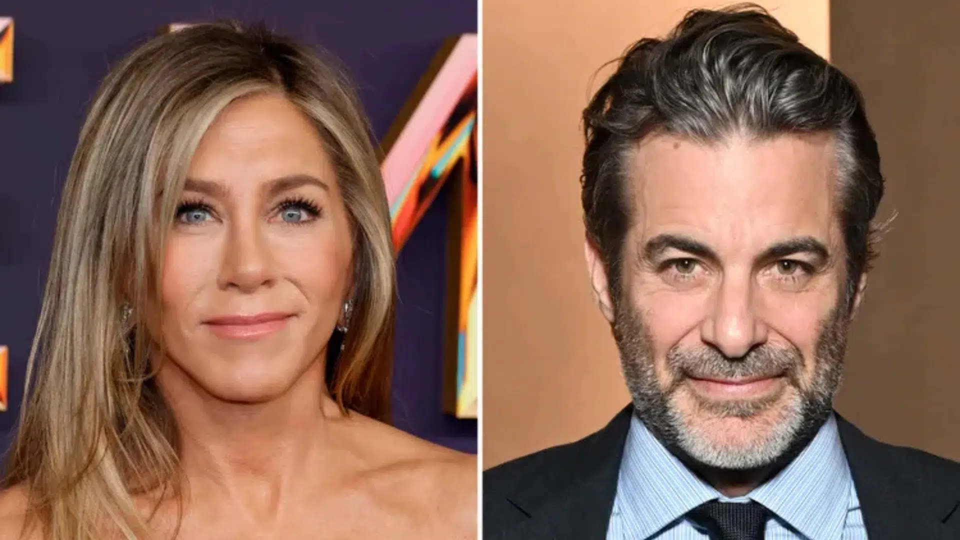 Split image showing Jennifer Aniston and Jim Curtis posing separately at formal events with professional attire and event backdrops