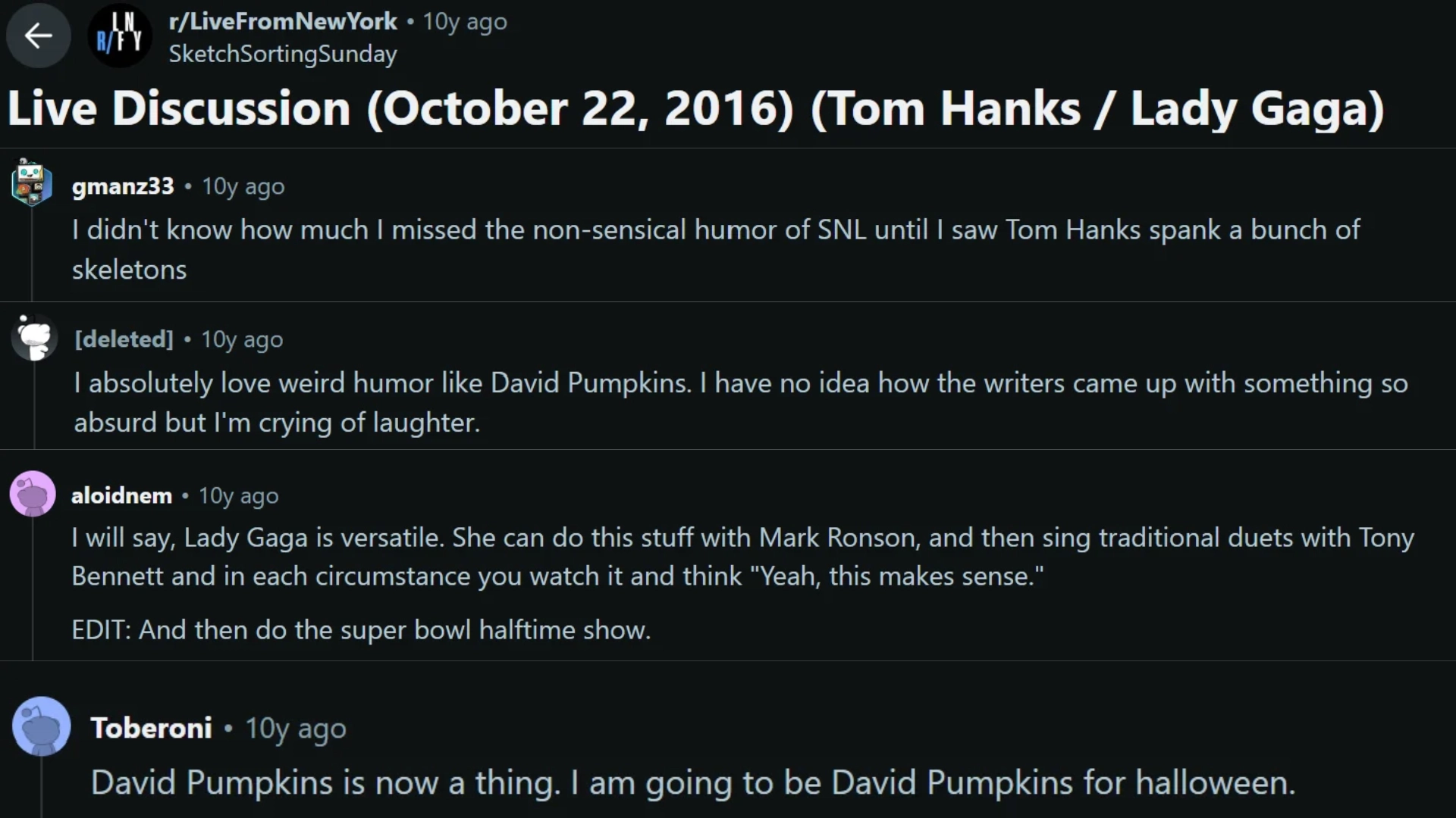 reddit discussion about the Tom Hanks and Lady Gaga Saturday Night Live episode