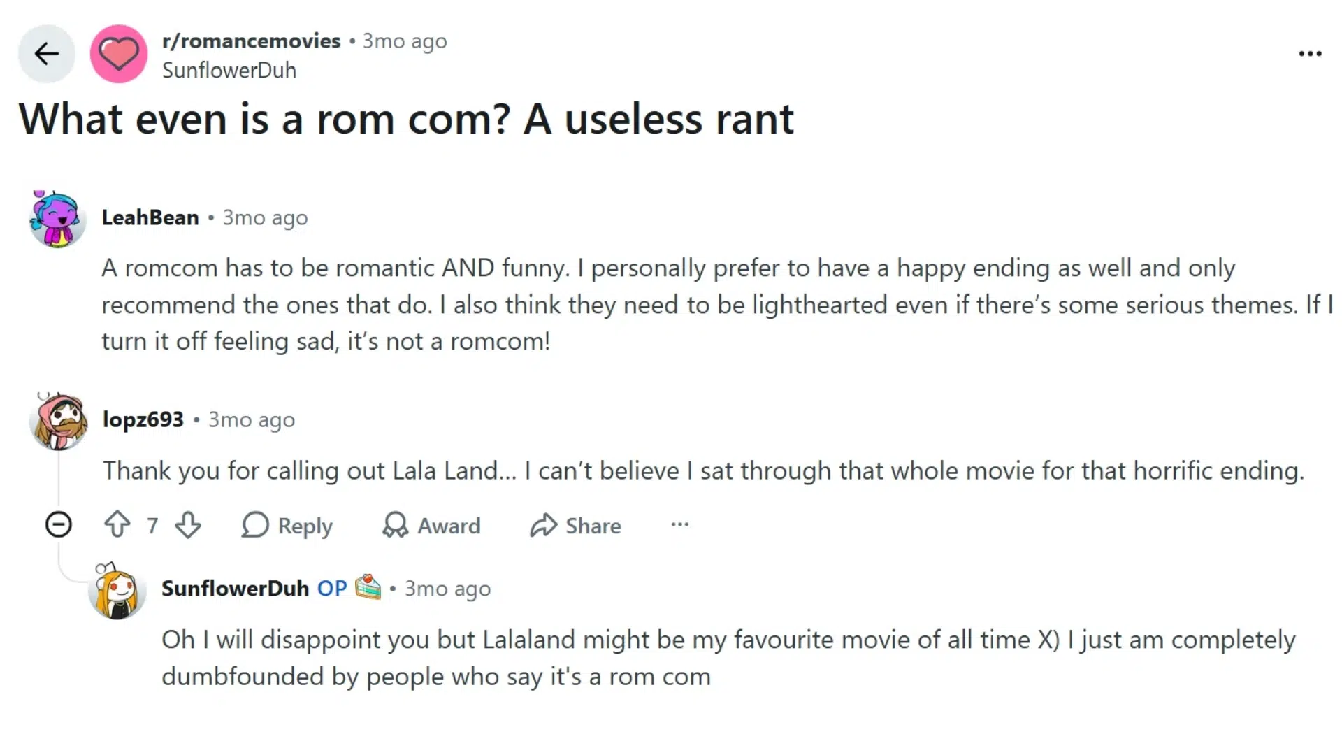 reddit thread debating what qualifies as rom com with users discussing romance and endings