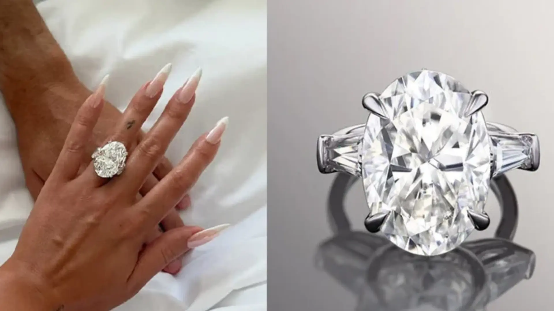 close-up comparison showing a manicured hand wearing a large oval diamond ring beside a detailed three-stone ring view