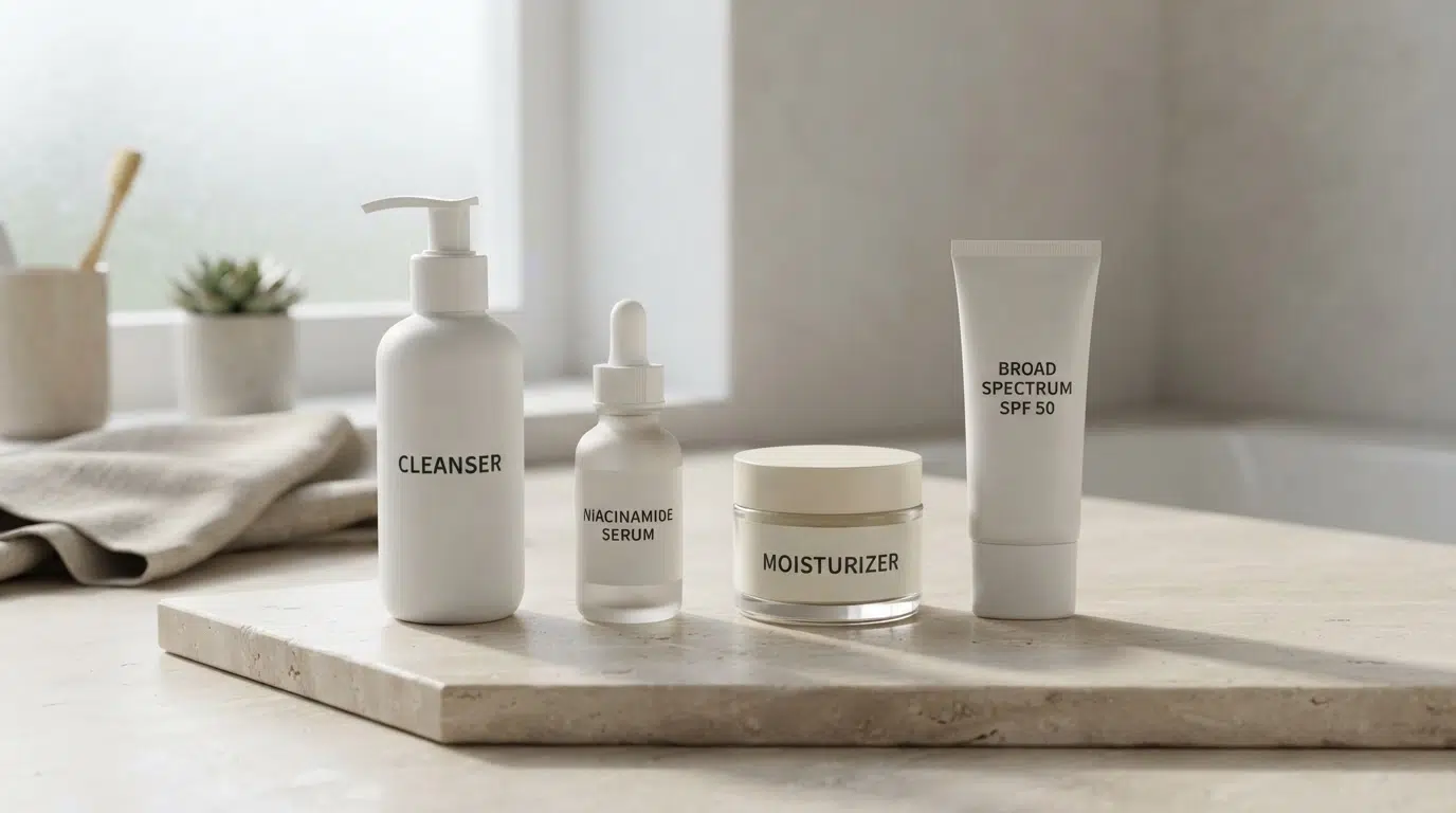 unbranded cleanser niacinamide serum moisturizer and spf 50 sunscreen arranged on a stone slab
