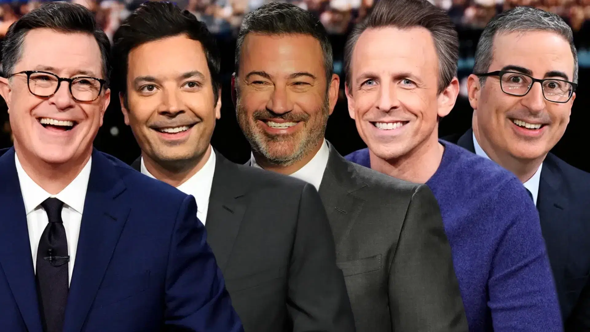 collage featuring jimmy fallon, jimmy kimmel, stephen colbert, seth meyers, and john oliver smiling against a studio background