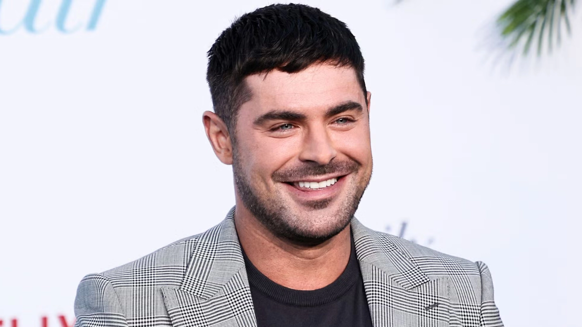 Zac Efron smiling in a checkered blazer at a public event against a softly blurred white backdrop