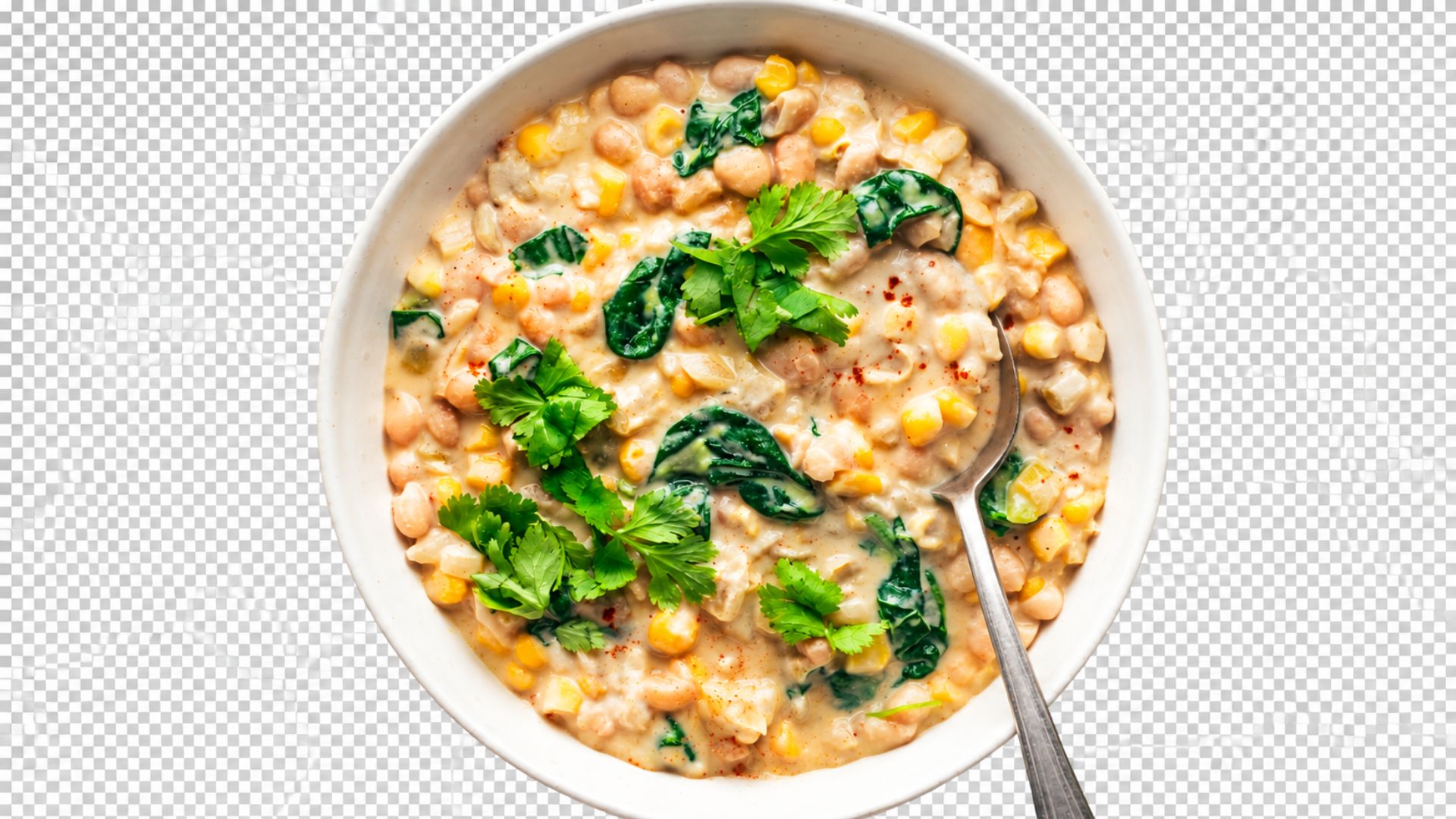 Creamy white bean chili with cannellini beans, corn, peppers, avocado, cilantro and lime.