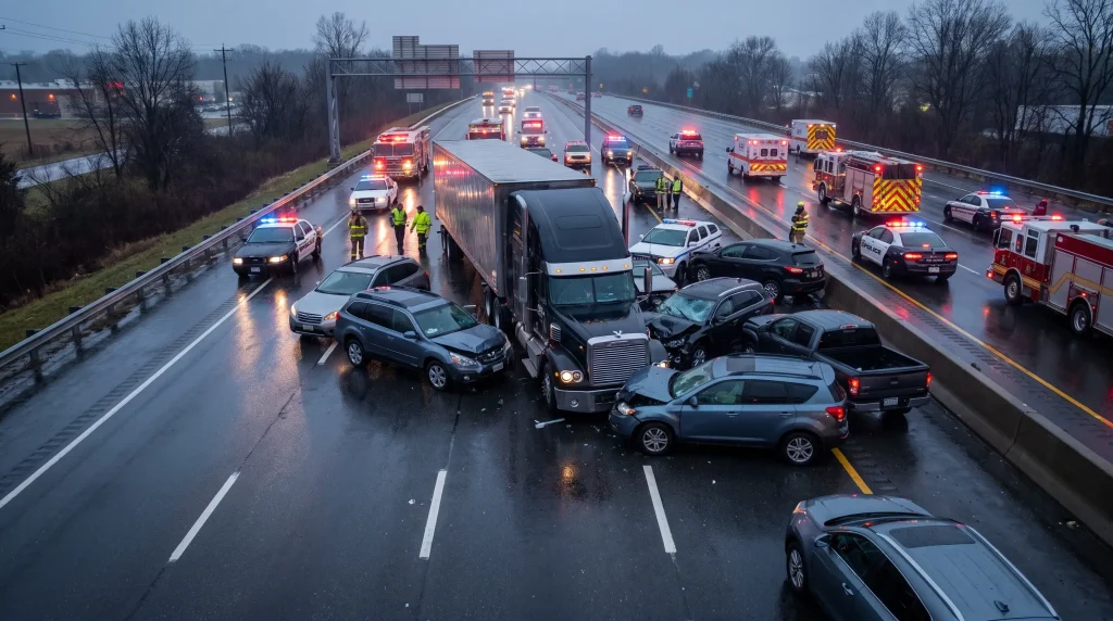 Multiple vehicle collision on wet highway with emergency responders and flashing lights