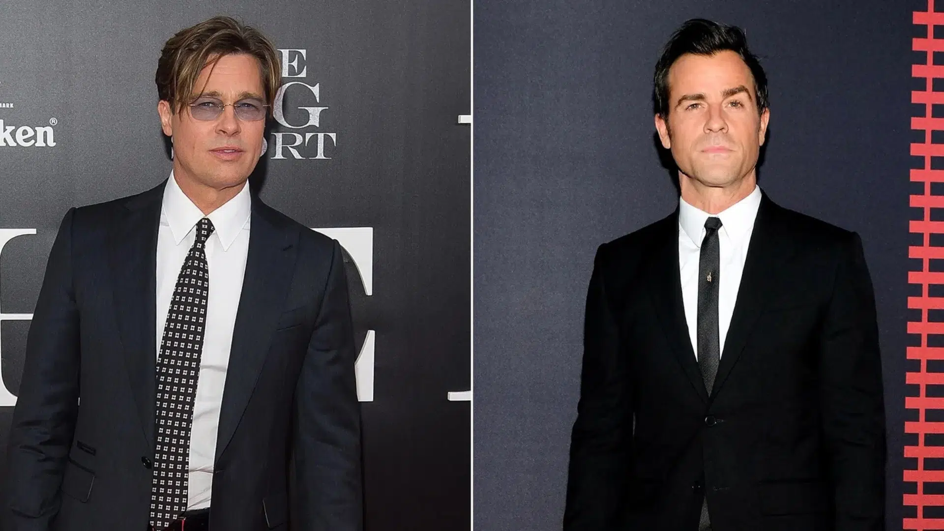 Brad Pitt and Justin Theroux in black suits posing at separate red carpet events with formal attire and dark background