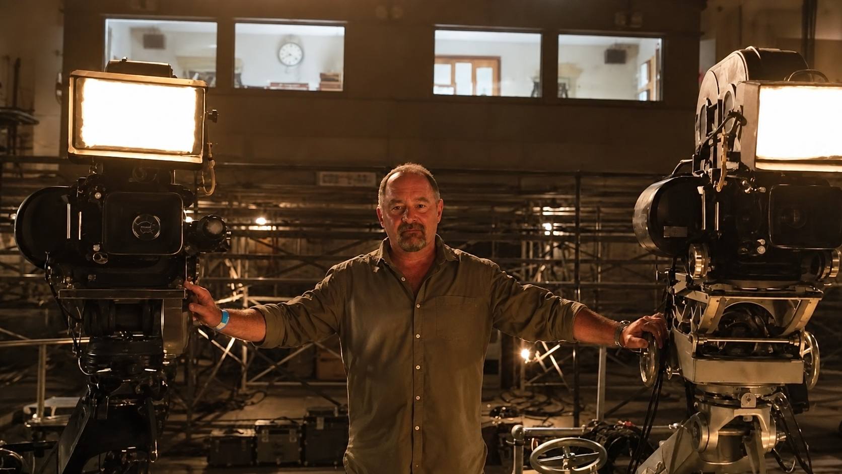Jeff Cronenweth standing between two large cameras in a studio with glowing lights equipment and warm cinematic lighting