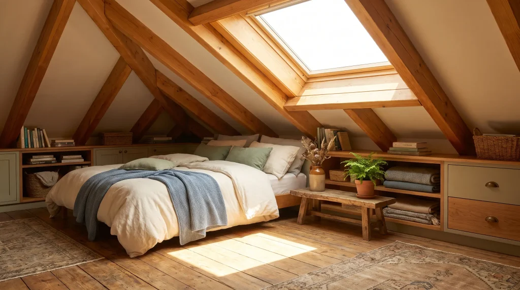 Cozy attic bedroom with white bedding, blue throw, skylight, and wooden beams
