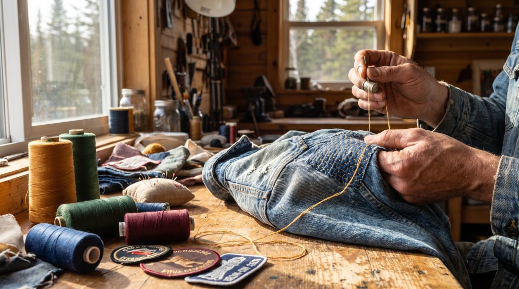 Person mending denim jacket with needle and thread in cozy workshop with spools of thread nearby