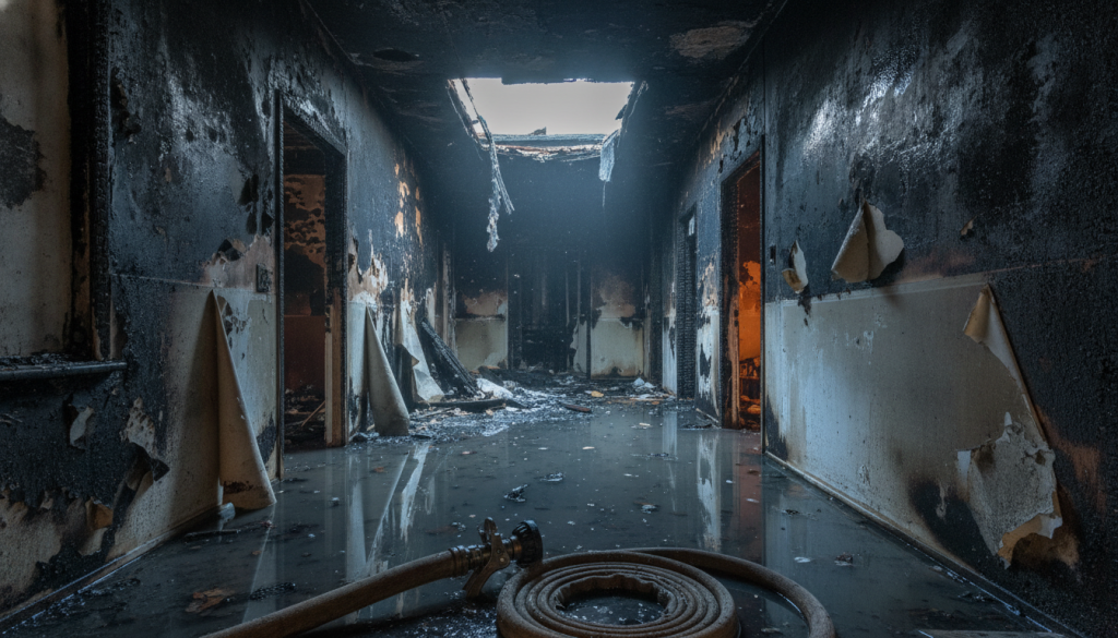 Burned hallway with charred walls and ceiling, water-covered floor, and coiled fire hose in view
