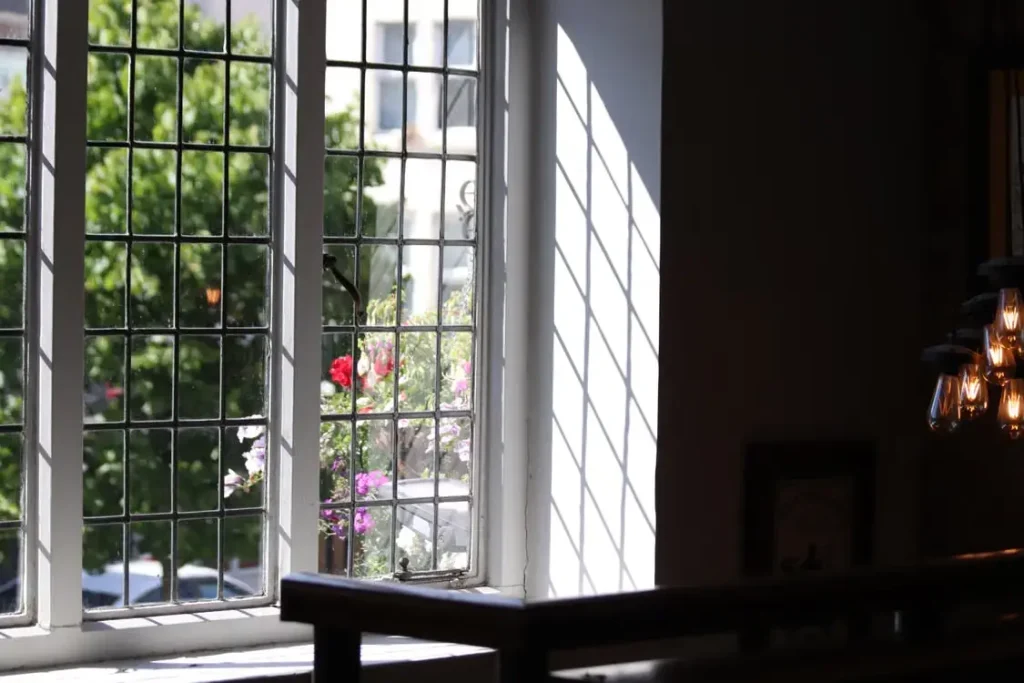 Lead-paned window with flowers outside illuminated by sunlight, interior with hanging lights