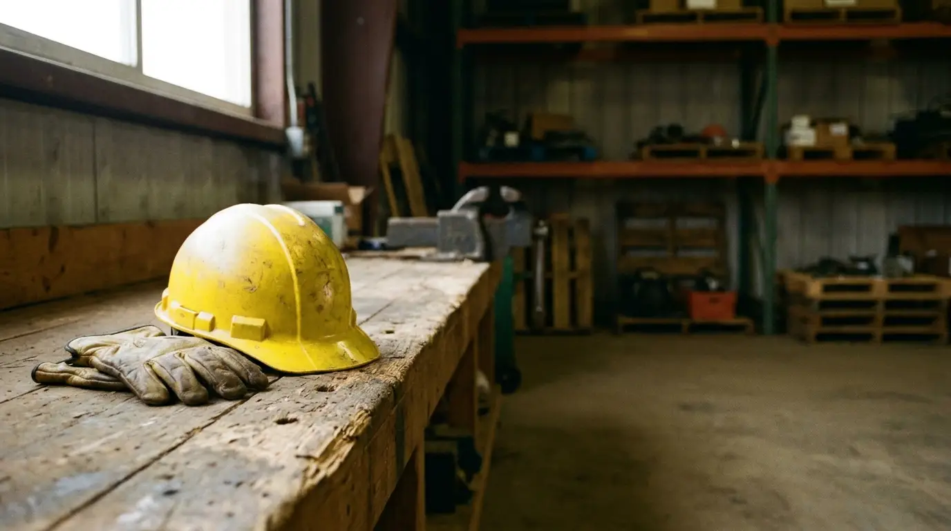 Yellow hard hat and gloves on wooden workbench in industrial workshop with shelves