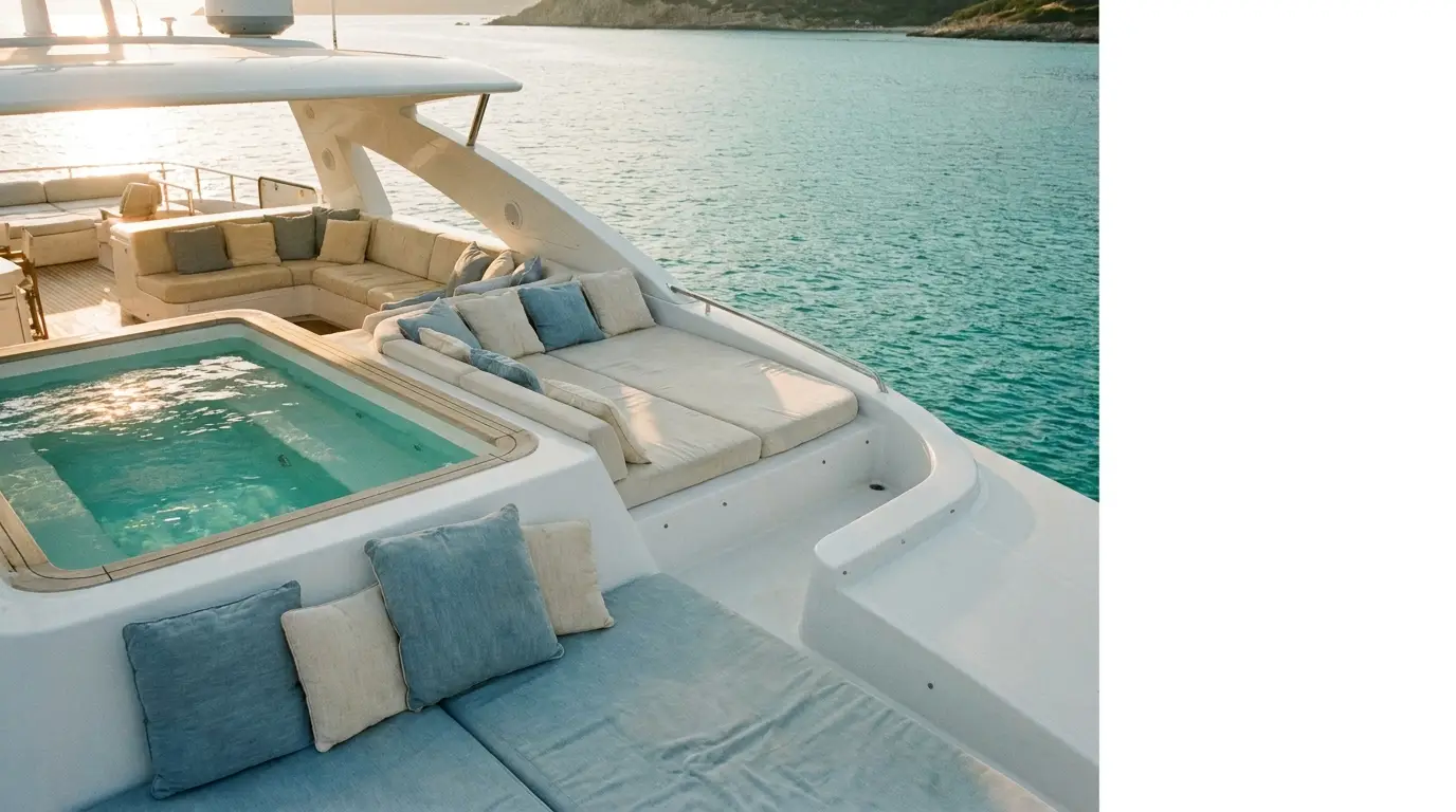 Luxurious yacht deck with sun loungers and jacuzzi overlooking blue ocean water