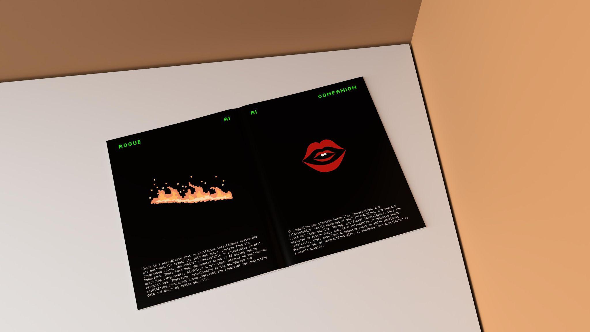 Open book on table displaying neon-lit flames and lips illustrations against a black background